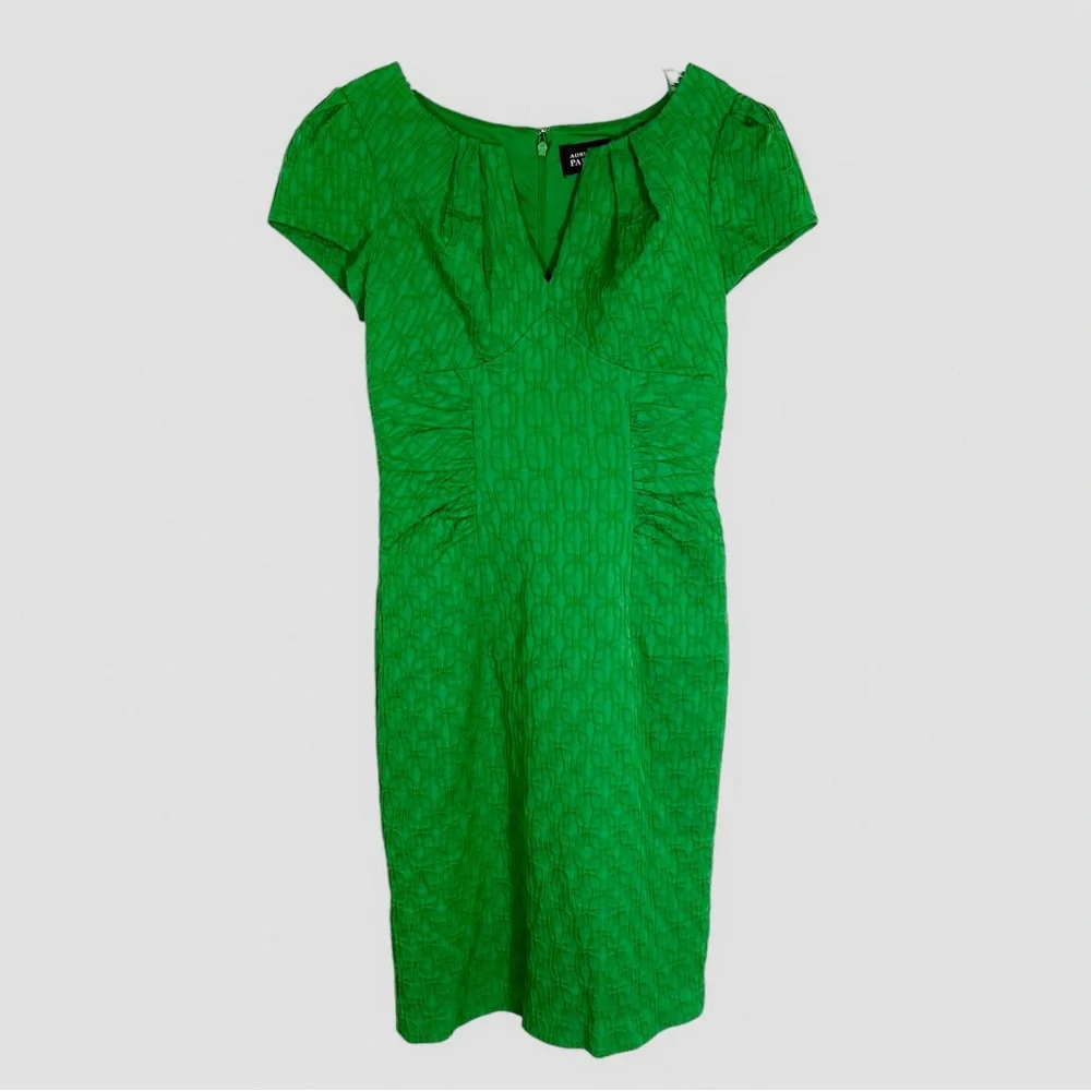 VTG Adrianna Papell Dress 1990's Green V-neck Ruching Short Sleeve Size 4 Trad